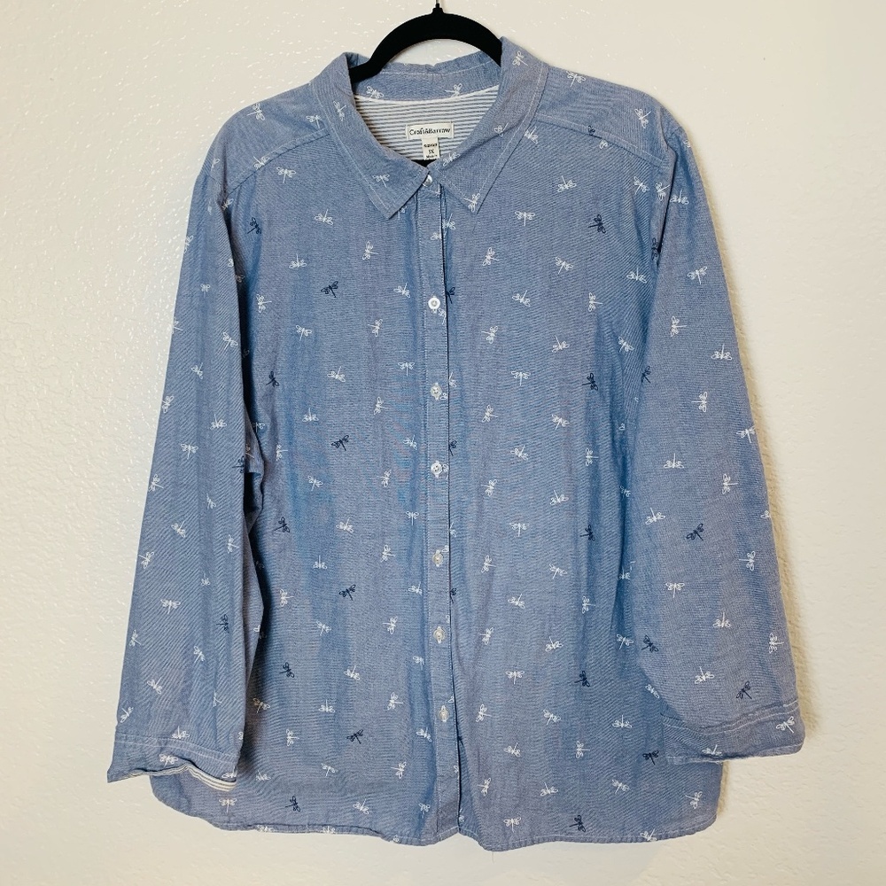 Croft & Barrow Button Up Shirt Womens 3X Blue Denim Chambray Dragonfly Print